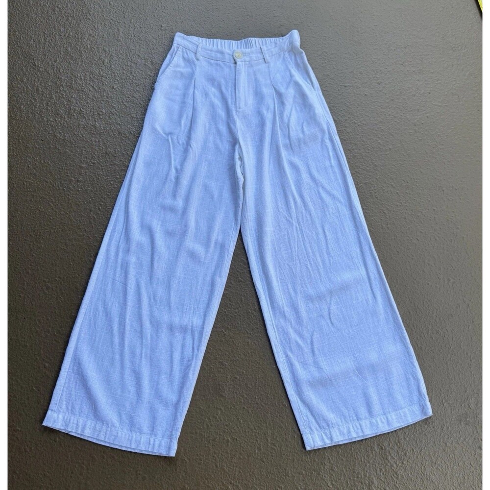 Solai  Linen/Polyester  Ivory White Pants Wide Leg Summer Beach Loose Fit Sz S